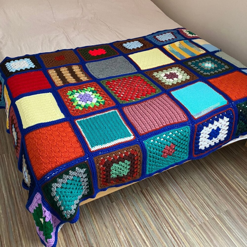 Crochet Afghan Throw Blanket Multi Color Granny Square Acrylic 50x88"